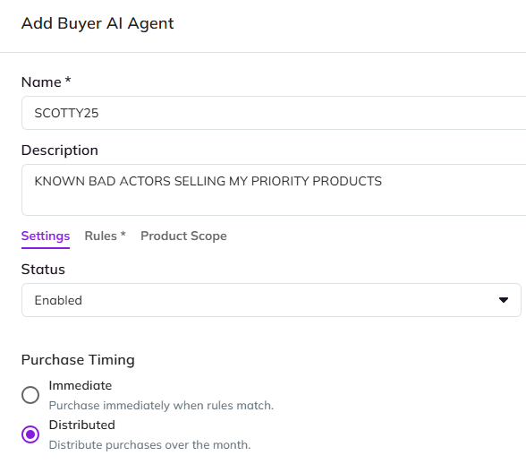 buyerAI agent creation settings showing status and purchase timing choices