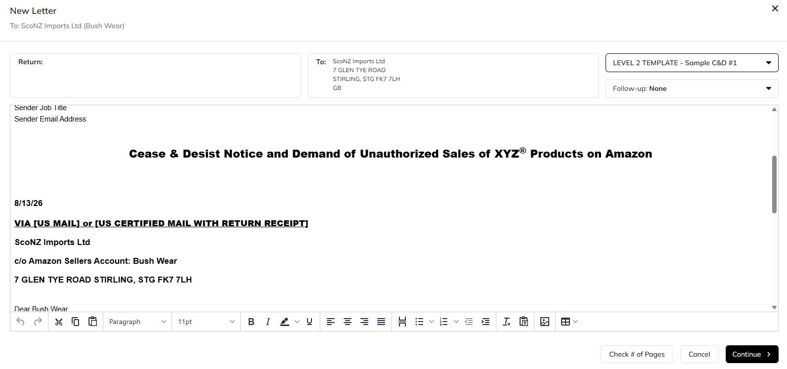 IPSecure New Letter builder showing recipient details, template selection, follow-up options, and Cease and Desist letter content