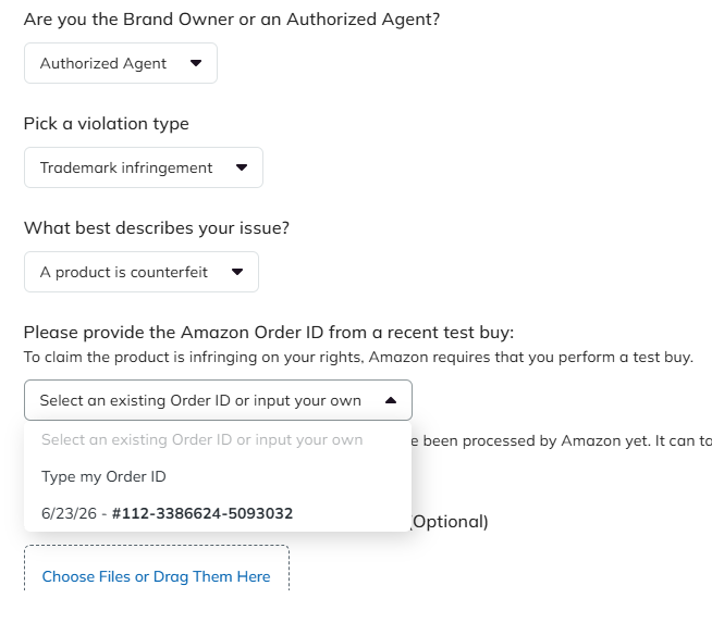 IPSecure violation submission screen showing brand authorization, violation type, counterfeit issue, test purchase order selection, and evidence upload